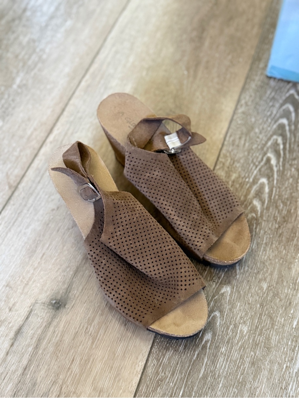 A. Giannetti Brown Perforated Suede Wedge Sandals